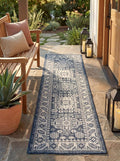 Rugs.com Outdoor Aztec Collection Rug – 12 Ft Runner Blue Flatweave Rug Perfect for Hallways, Entryways