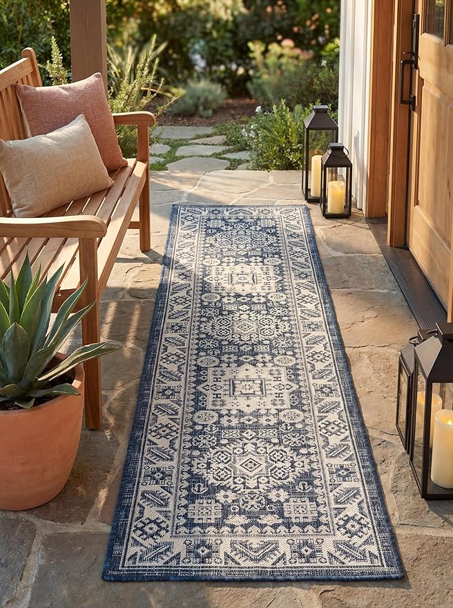 Rugs.com Outdoor Aztec Collection Rug – 12 Ft Runner Blue Flatweave Rug Perfect for Hallways, Entryways
