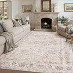 8x10 Area Rug Washable Living Room Vintage Beige Carpet Bedroom Large Indoor Non Slip Soft Low Pile Thin Stain Resistant Distressed Accent Throw Rug for Dining Office Nursery