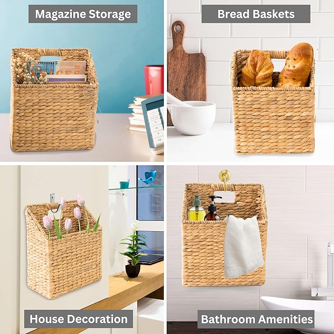 KOLWOVEN Wicker Hanging Storage Baskets, Set of 2 Wall Baskets for Accessories and Organizing Files, Mail Baskets