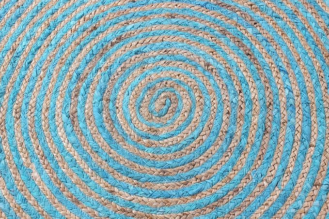Circle Area Rug - 3 Ft' Round Blue Natural Chindi Cotton Jute Mat Geometric Kilim Rug Indoor Outdoor Use Flatweave Rugs for Bedroom Bedside Round Dining Table Mat Hall & Kitchen