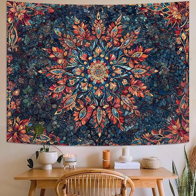 Accnicc Boho Floral Mandala Tapestry for Bedroom Hippie Bohemian Flower Wall Tapestry Aesthetic Small Stained Glass Red Blue Indian Tapestries Wall Hanging for Living Room Dorm Decor 48 x 36 Inch