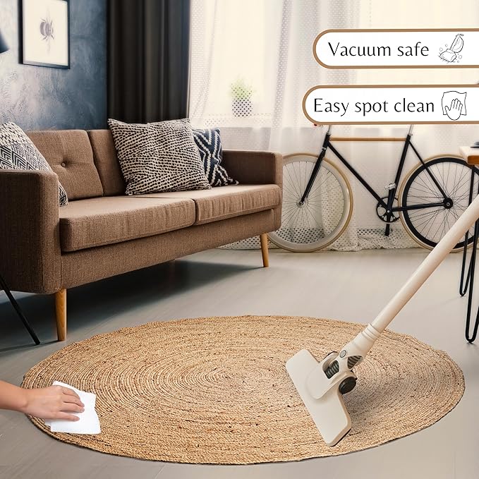 Ramanta Home Jute Braided Rug 6 Ft Round – Large Natural Farmhouse Area Rug, Handwoven Reversible Carpet for Living & Dinning Room, Bedroom, Kitchen, Nursery, Entryway – Boho Coastal Neutral Floor Mat