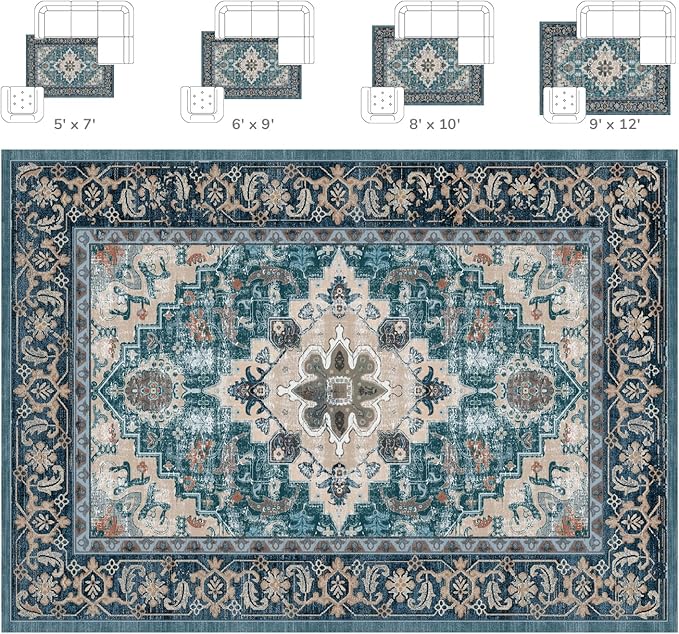 Lessymo Area Rug 6x9, Machine Washable Area Rugs, Super Soft Faux-Wool Area Rugs for Living Room Bedroom Kitchen, Boho Vintage Floral, Non-Slip Low Pile, Kid & Pet Friendly, Dark Green
