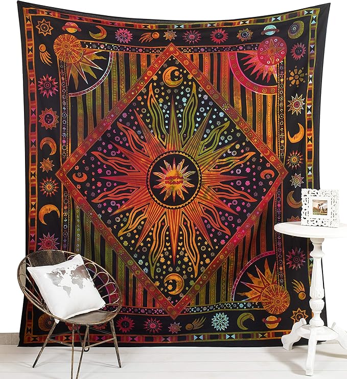 Popular Handicrafts Wall Hanging Tapestry For Bedroom Burning Sun and Moon Hippie Meditation Bohemian Hippy Psychedelic Design Indian Tapestries Bedspread 84 x 90 Inches (215cm x 230cm) Multicolor