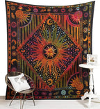 Popular Handicrafts Wall Hanging Tapestry For Bedroom Burning Sun and Moon Hippie Meditation Bohemian Hippy Psychedelic Design Indian Tapestries Bedspread 84 x 90 Inches (215cm x 230cm) Multicolor