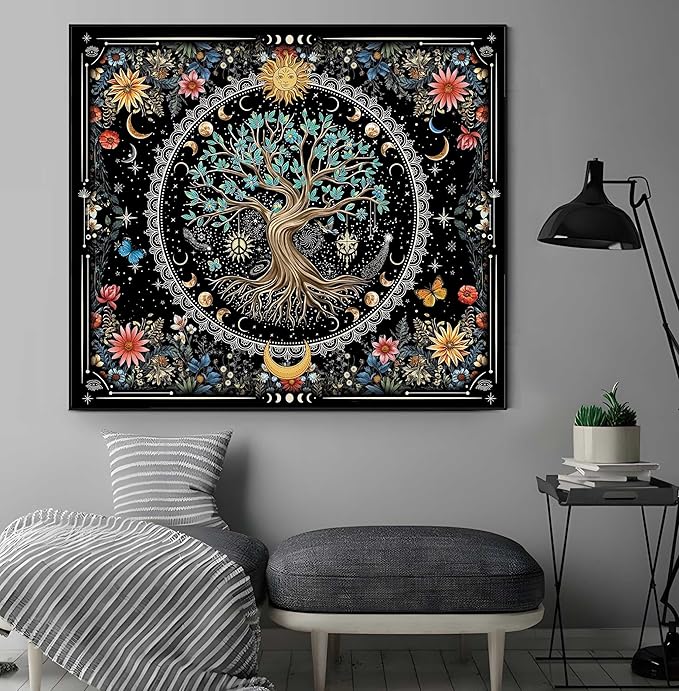 OIOVOIO Tree of Life Tapastry Sun and Moon Tapastry Bohemian Hippie Wishing Tree Tapestries Nature Flower Plant Butterfly Tapestries for Home Decor Bedroom Living Room Dorm Decor (59"x51", Black)