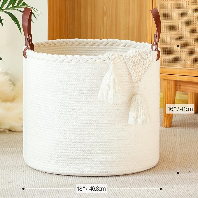 KAKAMAY Large Blanket Basket (18"x16"),Woven Baby Laundry Hamper,Cotton Rope Blanket Basket for Nursery, Laundry, Living Room, Pillows, Baby Toy chest with Leather Handles (White)