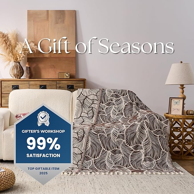 DOWN HOME Chenille Cotton Throw Blanket for Couch, Lightweight Boho Blanket for Bed Sofa Chair Living Room Outdoor Soft Woven Decorative Blanket with Tassel Gift Brown Leaves 55"x60"