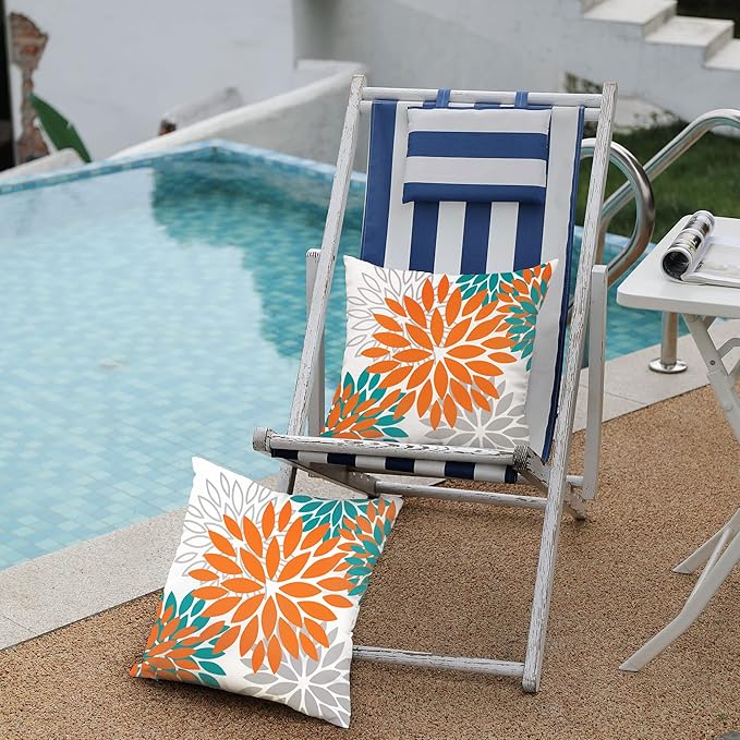 DFXSZ Orange Flower Pillow Covers 20x20 Inch Set of 2 Fall Throw Pillows Outdoor Waterproof Decor for Living Room Sofa Patio Funiture Garden Floral Polyester Pillow Covers 002N20