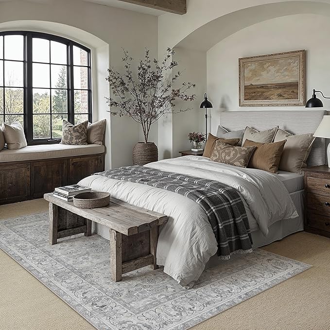 Gray 6x9 Area Rug Washable Vintage Living Room Carpet Bedroom Large Indoor Non Slip Soft Low Pile Thin Stain Resistant Distressed Accent Throw Rug for Dining Office Nursery