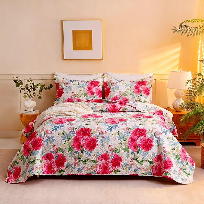 JSD Rose Floral Quilt Set Twin Size, 2 Piece Printed Bedspreads Coverlet with Pillow Sham, Soft Microfiber Quilted Blanket