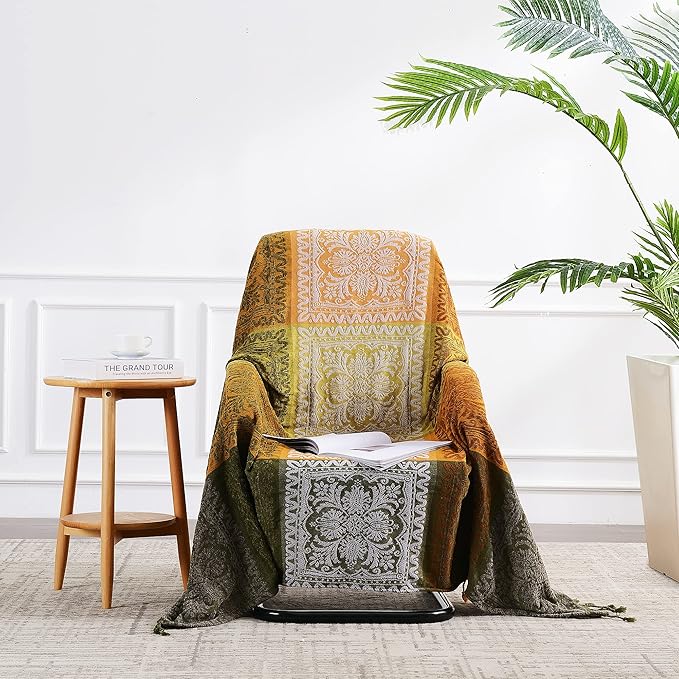 Boho Couch Cover, Bohemian Throw Blanket Tassels Hippie Decor Covers Sofa Chair loveseat Furniture Bed， Bohemian Tribal Fringe slipcover (Green, 60x75)…