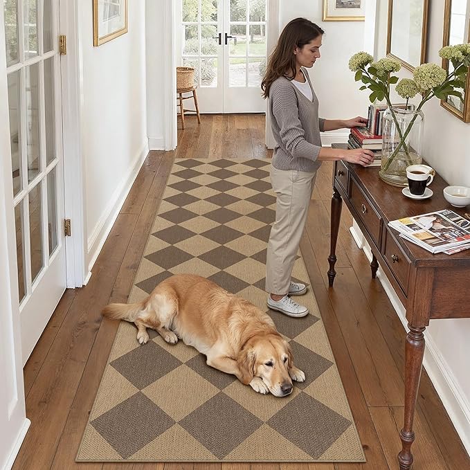 2x8 Checkered Easy Jute Runner Rug Non Slip Hallway Kitchen Washable Outdoor Rug for Entryway Indoor Checkerboard Brown Long Indoor Outdoor Carpet for Bedside Entry Front Door Porch