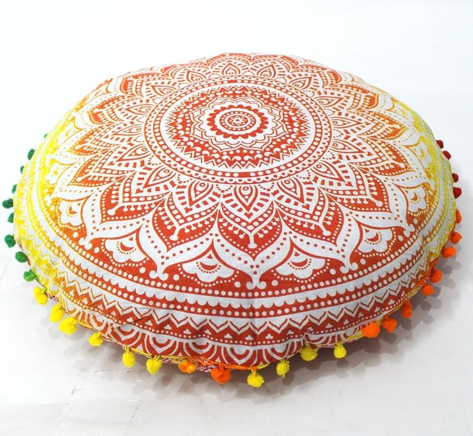 CRAFT KALA Boho Large Floor Pillow Pouf Cover Mandala Meditation Room Pillow Cover for Adults Round Bohemian Seating Pouf Cushion Cover for Kids Playroom 22" Yellow Orange Ombre