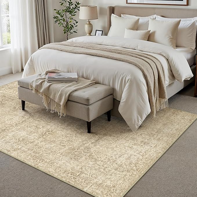 HUGEAR Area Rug 6x9 Retro Beige/Brown Machine Washable Living Room Rugs Distressed Vintage Floral Vacuumable Low Pile Carpet Bedroom Office Dining Room Laundry Room Non Slip Soft Lightweight