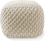 Casafield Square Pouf Ottoman, Natural - 18.5" W x 18.5" D x 14.5" H Cotton Knit Foot Stool - Boho Floor Pouffe for Living Room, Bedroom, Home Office