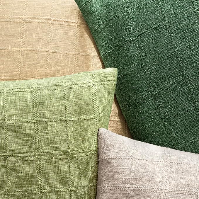 Foindtower Set of 2 Decorative Linen Check Throw Pillow Covers Neutral Farmhouse Vintage Cushion Covers Cozy Modern Boho Accent Home Decor for Sofa Chair Couch Bed Living Room,14×36 Inch,Forest Green