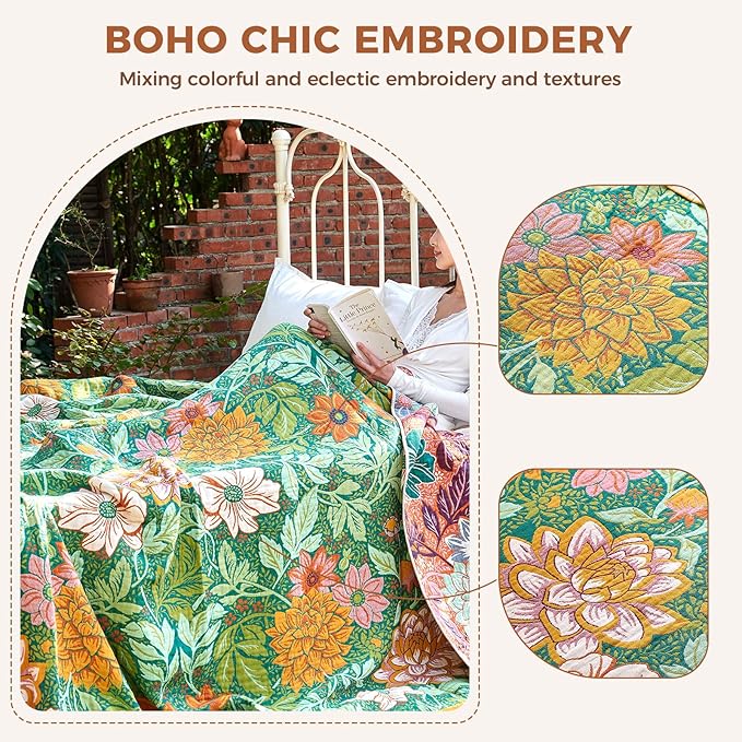 Boho Throw Blanket for Bed Cotton Spring Blankets Bedroom Living Room Twin All Season Lightweight Floral Embroidery Quilt for Couch Sofa Chair 60"x80"
