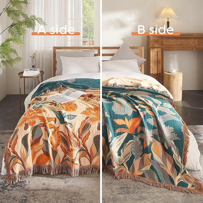 Boho Throw Blanket for Bed 90”x108”, 100% Cotton Woven Blanket for Couch Sofa, Ultra Soft 4-Layer Muslin Quilt with Floral Printed, Farmhouse Bed Blanket/Cover for Living Room Decor