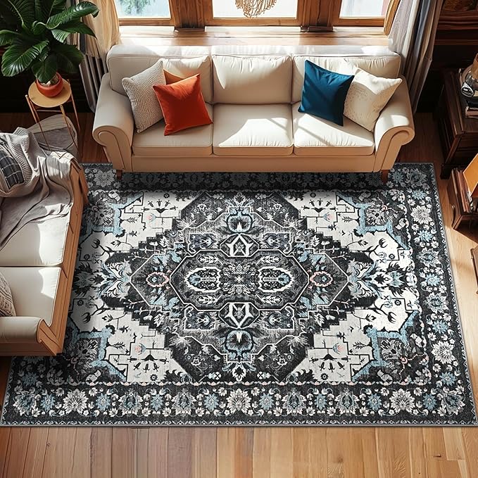 YJ.GWL Area Rugs for Living Room 8x10 Machine Washable Rugs, Non Slip Floral Vintage Rug Indoor Carpet, Stain Resistant Large Rug for Bedroom Dining Room, Black Grey Blue
