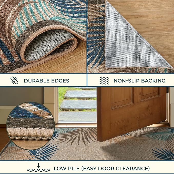LIVEBOX Modern Easy Jute Outdoor Rug 8x10, Washable Rugs for Living Room Indoor Outdoor Non Slip Large Patio Tropical Leaf Farmhouse Area Rugs, Carpet for Backyard Office Decor(Olive 8'x10')