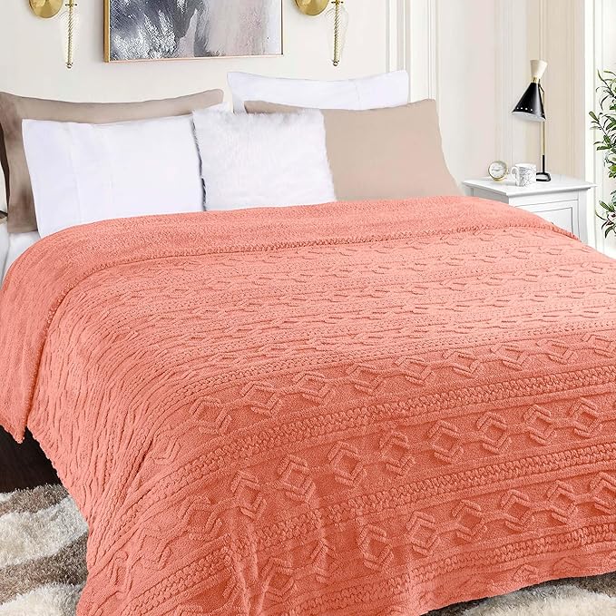Superior Fleece Boho Jacquard Blanket, Decorative Blankets for Bedroom, Sofa, Fuzzy, Plush, Fluffy, Soft, Cute Room Decor, Beautiful Cover, Comfort Essentials, Arctic Collection, Full/Queen, Blush