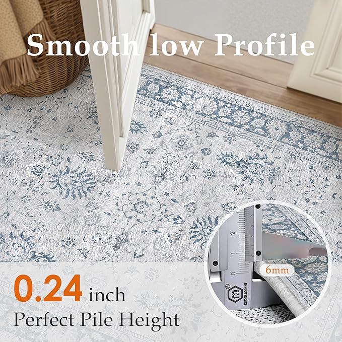 2x3 Area Rug Blue Washable Entryway Vintage Carpet Door Mat Small Non Slip Stain Soft Resistant Low Pile Thin Boho Accent Indoor Throw Rug for Kitchen Bathroom Entrance Bedroom