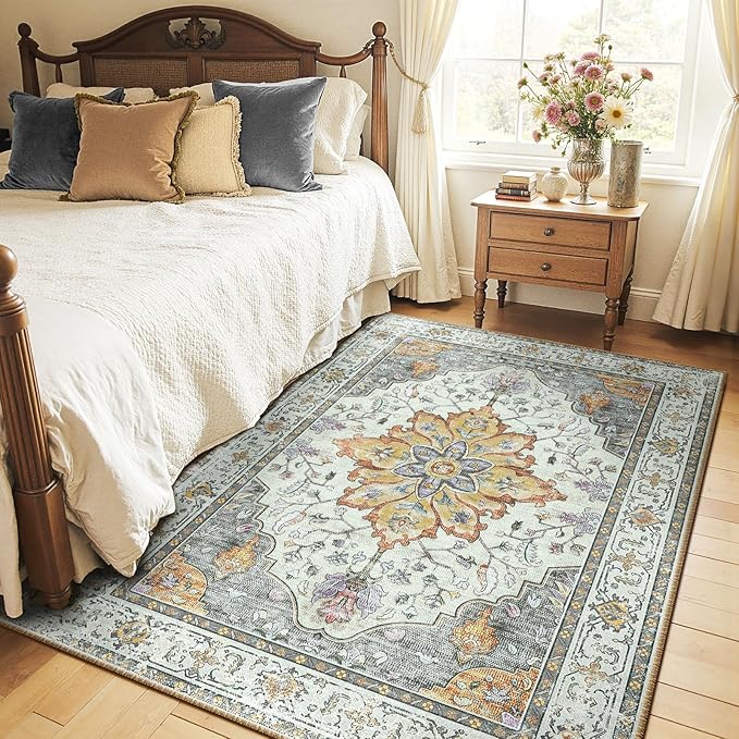 Area Rugs 6'x9' Washable Non-Slip, Floral Vintage Distress Print Pattern Medallion Carpet for Living Room Bedroom Dining Room, Light Yellow Carbon Grey Orange