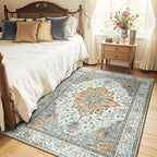 Area Rugs 6'x9' Washable Non-Slip, Floral Vintage Distress Print Pattern Medallion Carpet for Living Room Bedroom Dining Room, Light Yellow Carbon Grey Orange