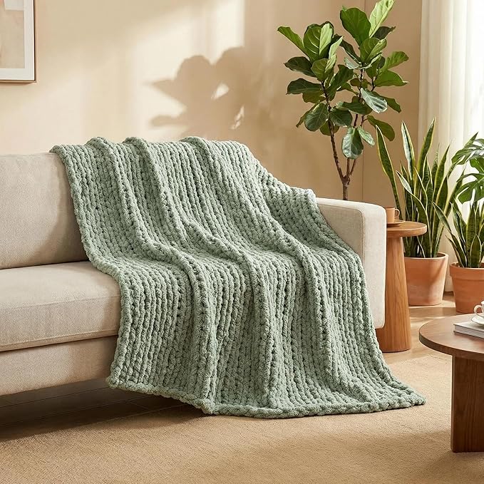 Amélie Home Chunky Knit Throw Blanket for Couch, Soft Chenille Crochet Blanket for Sofa, 50"x60", Sage Green
