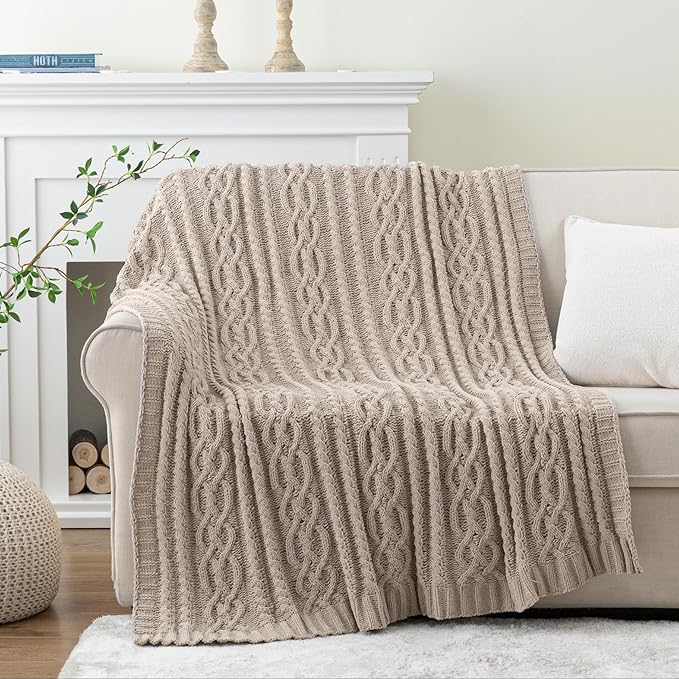 Battilo Light Grey Throw Blanket for Couch, Woven Chenille Knit Throw Blanket Versatile for Chair, 51 x 67 Inch Super Soft Warm Decorative Blanket for Bed, Sofa and Living Room