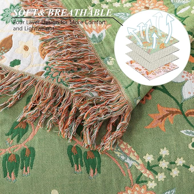 Boho Throw Blanket for Bed-100% Cotton Soft Breathable Farmhouse Decor Boho Quilt for Sofa (Bright Green, 60"x80")