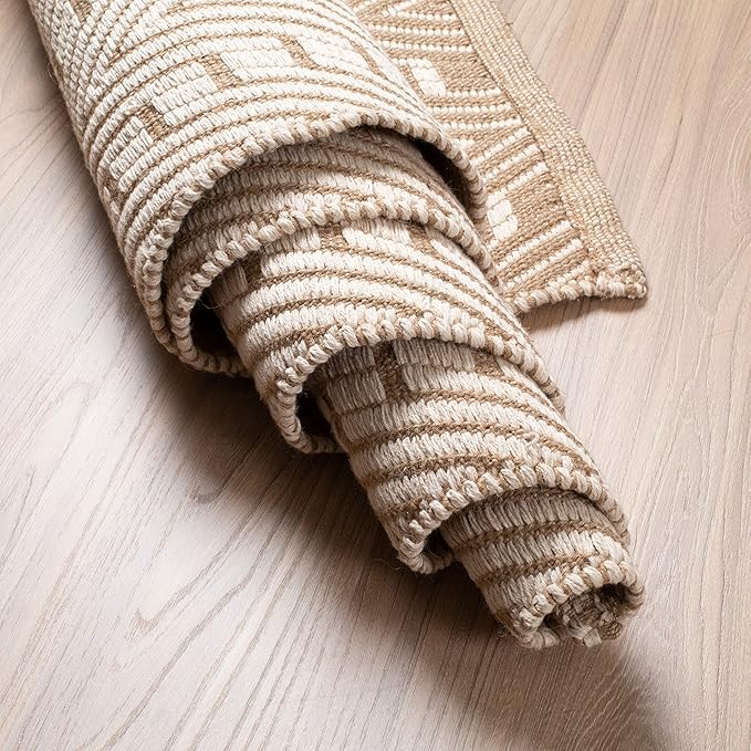 Jute Cotton Geomatric Area Runner Rug 2x6 Feet - Natural White, Reversible Boho Beige Ivory Runners Ideal for Hallways, Kitchen, Laundry Room | Farmhouse Decorative Costal Decor Floor Mats for Nursary
