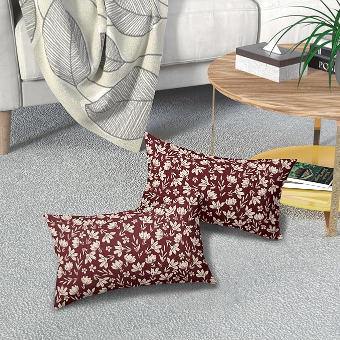 Burgundy Pillow Covers 12x20 Set of 2 Vintage Floral Rustic Old Style Cute Flower Print Rectangle Decorative Outdoor Pillowcases Seasonal Farmhouse Throw Cushion Case Couch Sofa Bed Decor