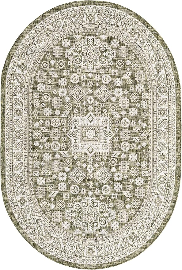 Rugs.com Outdoor Aztec Collection Rug – 5' x 8' Oval Green Flatweave Rug Perfect for Living Rooms, Large Dining Rooms, Open Floorplans