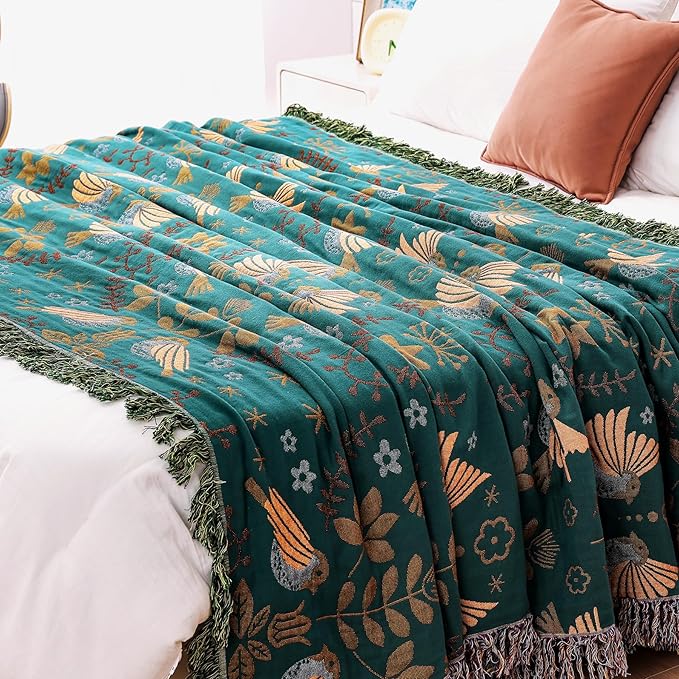 Boho Sofa Bed Large Throw Blanket, Ultra Soft Luxury King Throw Quilt, 100% Organic Cotton Reversible Bohemian Throw for Couch Chair Bedspread and Gift, 91" x 98"-Teal