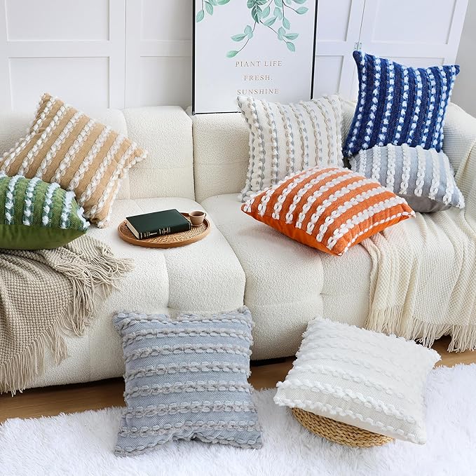 18x18 Boho Pillow Cover-Chenille Tufted Decorative Throw Pillow Cover Soft Velvet Backing, Farmhouse Striped Square Pillow Case for Sofa, Couch, Bedroom, Living Room, Orange-White Stripe