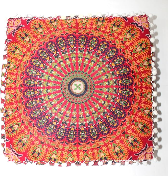 CRAFT KALA Red Peacock Large Hippie Mandala Meditation Floor Ottoman Pillow Cushion Pouf Cover Square Poufs Bohemian Circle Floor Cushion Case Outdoor Fireplace Yoga Living Room Decor Cover 24" Square