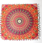 CRAFT KALA Red Peacock Large Hippie Mandala Meditation Floor Ottoman Pillow Cushion Pouf Cover Square Poufs Bohemian Circle Floor Cushion Case Outdoor Fireplace Yoga Living Room Decor Cover 18" Square