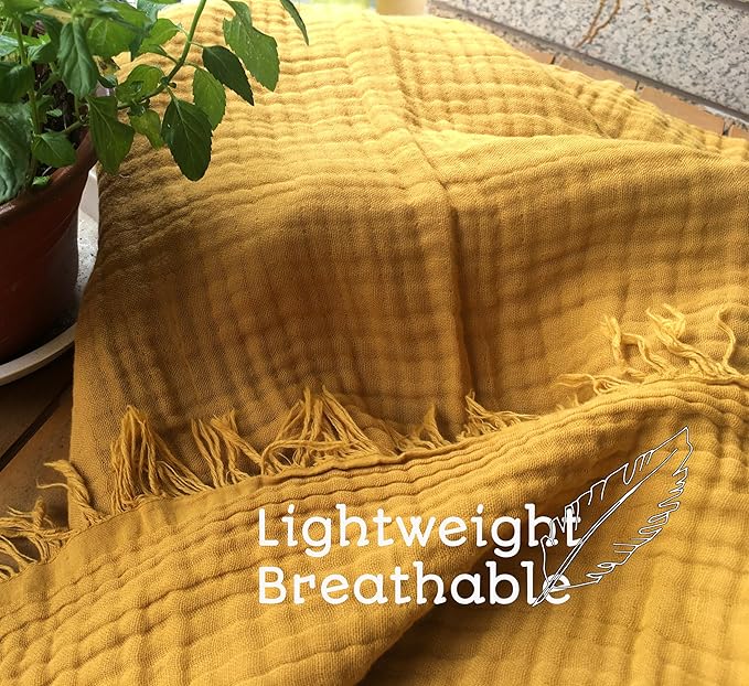 KyraHome 100% Organic Cotton Throw Blanket for Couch, 60"x80" Large Muslin Blankets for Adult, Couch, Plant Dyed Pre-Washed Breathable Gauze Warm, Fall Cotton Blankets, All Season (Mustard Yellow)