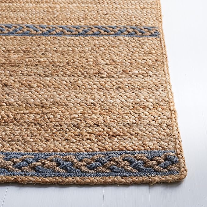 SAFAVIEH Natural Fiber Collection Accent Rug - 4' x 6', Natural & Grey, Handmade Stripe Boho Farmhouse Rustic Braided Jute, Ideal for High Traffic Areas in Entryway, Living Room, Bedroom (NFB262F)