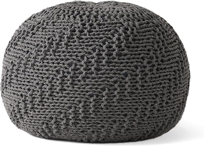 Hand-Knitted Pouf Ottoman: 20" Round Footrest & Seat - Handmade with Recycled PET Yarn for Small Living Rooms & Apartments - Cozy Accent for Modern Home Office & Bedroom Decor