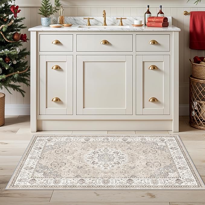 Washable 2x3 Entryway Area Rug - Neutral Kitchen Rug Runner Vintage Soft Floor Mat Non Slip Indoor Farmhouse Carpet for Bathroom Living Room Bedroom (2 X 3, Beige)