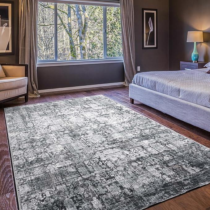 Area Rug 9×12, Large Vintage Boho Rug,Ultra-Soft Low Pile, Washable, Non Slip,Stain Resistant, Printed Carpet for Living Room Bedrooms Playroom Office Kitchen, Dark Stone