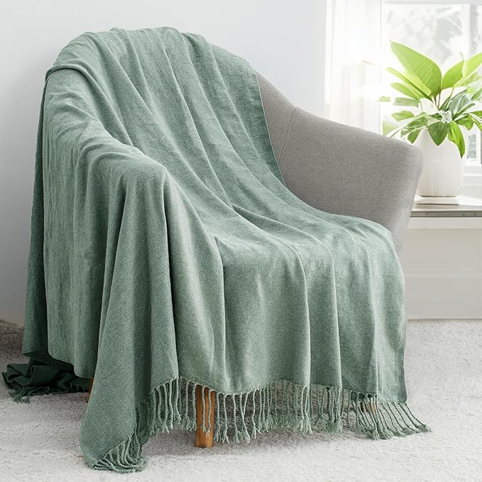 Chenille Throw Blanket for Couch with Tassels,60"X80" Soft Lightweight Knitted Boho Decorative Blankets for Bed and Sofa,Sage Green