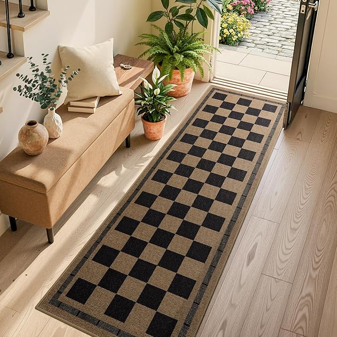 Vasofe 2x6 Runner Rug for Hallway, Washable Checkered Jute Rugs, Outdoor Indoor Patio Porch Balcony Bedroom Kitchen Laundry Geometric Mat, Non Slip Plaid Farmhouse Design Carpet, Black and Brown
