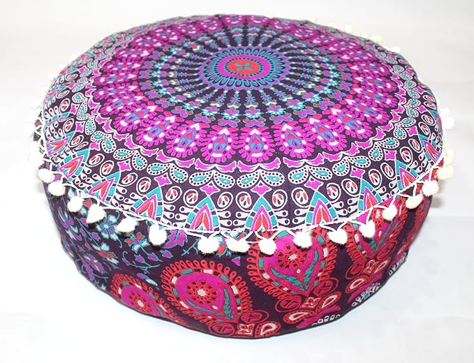 INDIAN CRAFT CASTLE ICC Mandala Barmeri Large Floor Pillow Cover Cushion Meditation Seating Ottoman Throw Cover Hippie Decorative Zipped Bohemian Pouf Ottoman Cases Pink Peacock 18" Round