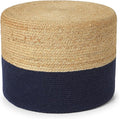 · REDEARTH · Cylindrical Pouf Foot Stool Ottoman - Jute Braided Pouffe Poof Accent Sitting Footrest for Living Room, Bedroom, Nursery, Patio, Lounge & Other Rooms (Navy Natural, 18"X18"X14")