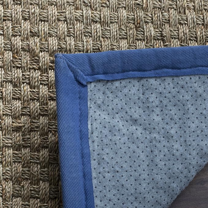 SAFAVIEH Natural Fiber Collection Runner Rug - 2'6" x 14', Natural & Navy, Seagrass, Basketweave Pattern with Border (NF114T)